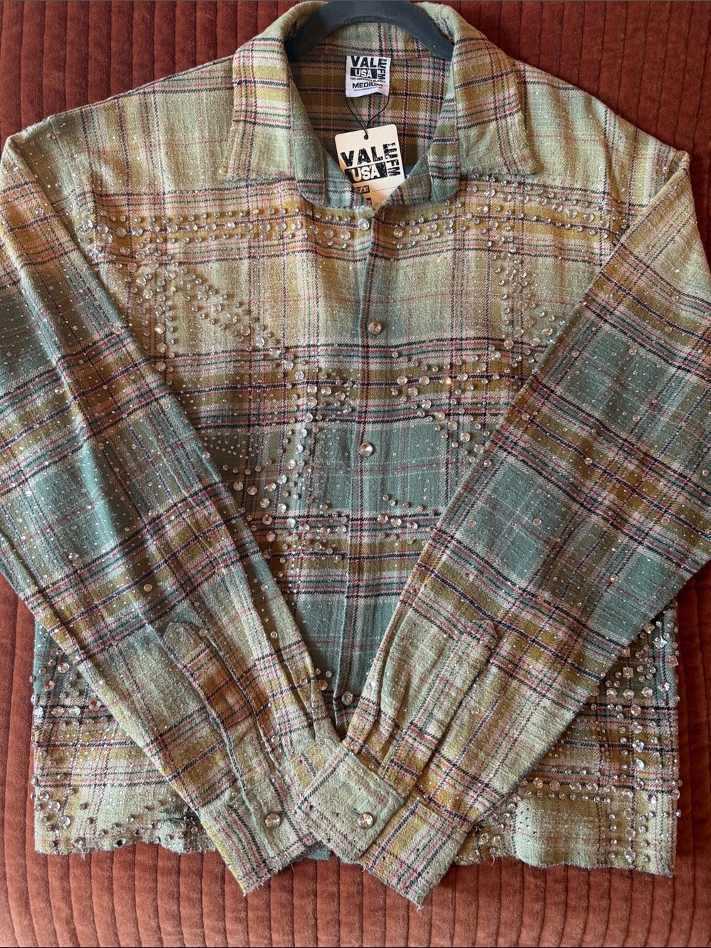 NWT VALE Jewel Mystikal Embellished Flannel Green Shirt